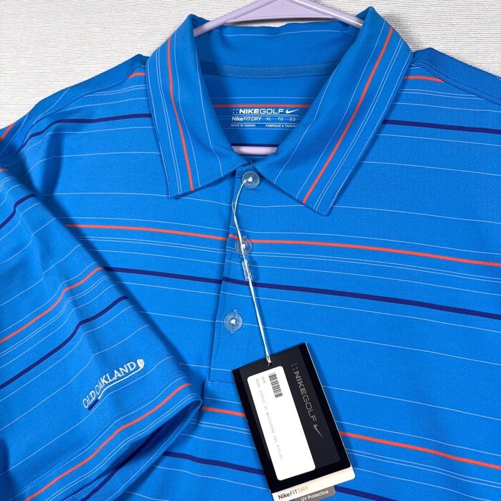 Nike Golf Fit Dry Polo Shirt Mens XL Blue Orange Striped NEW Old Oakland Logo